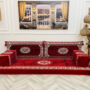 Red Arabic Loveseat Sofa: Floor Seating Couch, Boho Decor, Reading Nook Cushion