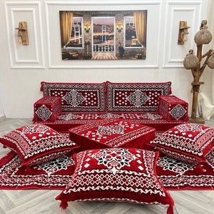 Red Anatolian Floor Cushion Sofa Set: Arabic Jalsa, Ottoman Couch, Floor Pillows