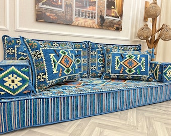 Canapé arabe de 20 cm (20 cm) d'épaisseur, coussin de sol bleu, canapé marocain, ensemble de sièges au sol | 2 grands oreillers en cadeau