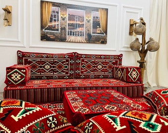 8" Red Anatolian Arabic Sofa Set, Floor Cushion Seating, Living Room Decor, Floor Couch, Sectional Sofa, Floor Cushions, Ottoman Couch & Rug