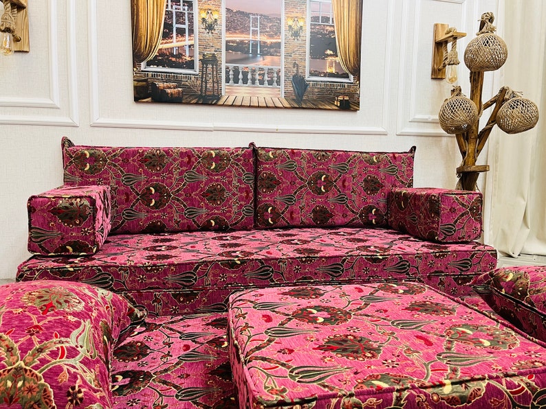 8'' Thick Functional Floor Seating Living Room Sofa Set, Turkish Tulip Pattern Floor Cushion,Unique Design Living Room Decor,Arabic Sofa Set image 10