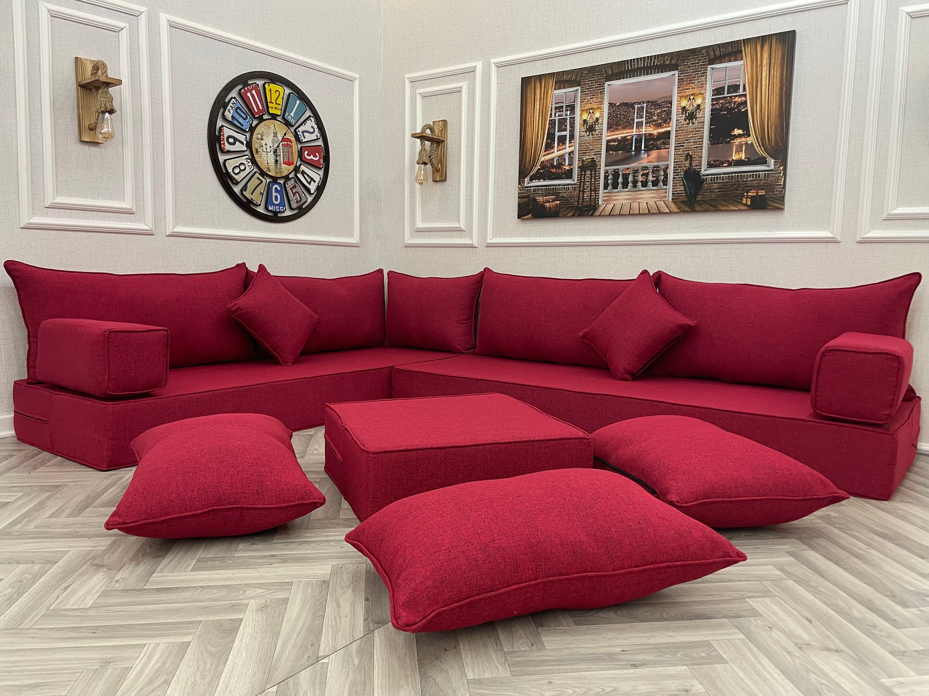 8 Thickness Maroon L Shaped Modern Living Room Linen Floor Seating