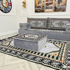 8 inch Thick Arabic Sofa Floor Seating Set, Floor Sofa, Modular Sofa, Traditional Sofa, Floor Cushion Couch, Ottoman Couch Pillows & Rug zdjęcie 4