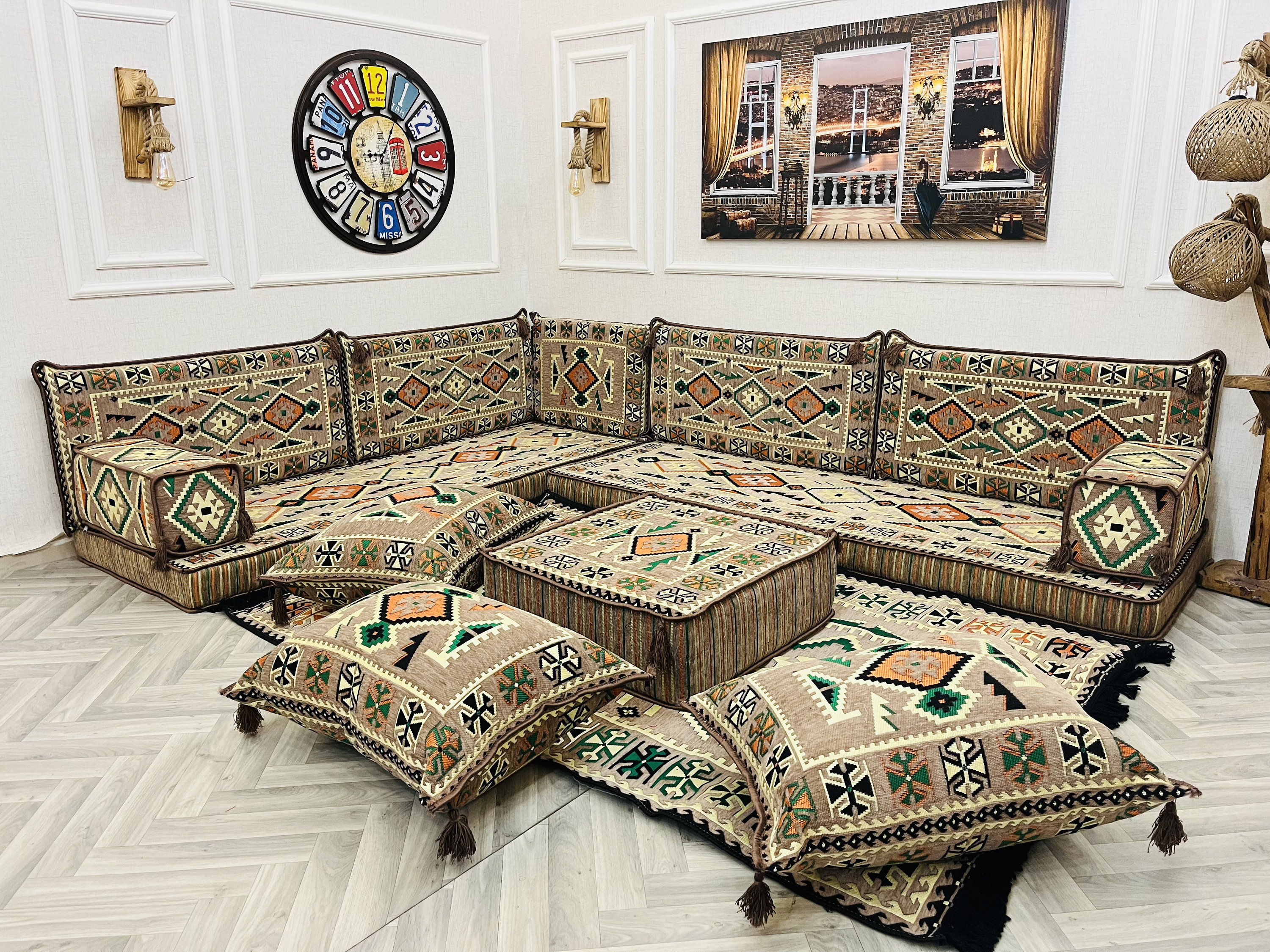Beige Anatolian Floor Sofa Set: Arabic Majlis Style With Ottoman, Rug \u0026  Pillows, Corner Couch - Etsy, image size:3000x2250