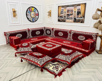 Ottoman Style L-förmige Bodensofa Set: Arabische Majlis Eckcouch, authentische Bodenkissen