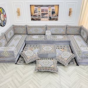 8'' Thick Anatolian U Shaped Arabic Living Room Sofa Floor Seating Set ,Boho Floor Couches ,Sectional Sofa, Arabic Majlis Sofa,Floor Cushion U SOFA ALL SET