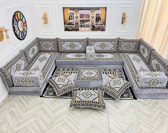 8 ''dicke anatolische U-förmige arabische Wohnzimmer Sofa Boden Sitzset, Boho Boden Couches, Schnittsofa, arabisches Majlis Sofa, Bodenkissen