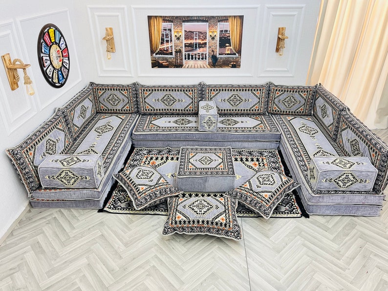 8'' Thick Anatolian U Shaped Arabic Living Room Sofa Floor Seating Set ,Boho Floor Couches ,Sectional Sofa, Arabic Majlis Sofa,Floor Cushion U SOFA ALL SET