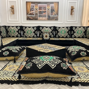 8 inch Thickness Arabic Sofa Black and Gold U Shaped Couch Floor Seating Set, Majlis Floor Sofa with Back Throw Pillows, Sectional Sofa Set