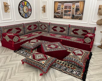 Ensemble de salon avec canapé arabe en forme de L de couleur marron 20 cm, canapé d'assise au sol, majlis arabe, canapé sectionnel, coussins de sol, canapé ottoman et tapis