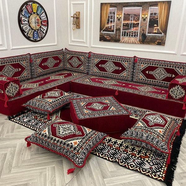 8" Maroon Color L Shaped Arabic Sofa Living Room Set, Floor Seating Sofa, Arabic Majlis, Sectional Sofa,Floor Cushions, Ottoman Couch & Rug