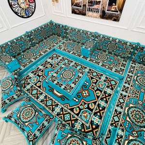 Arabic Majlis Floor Seating Set: U Shaped Ottoman Sofa, Rug & Pillows, Sectional Sofa