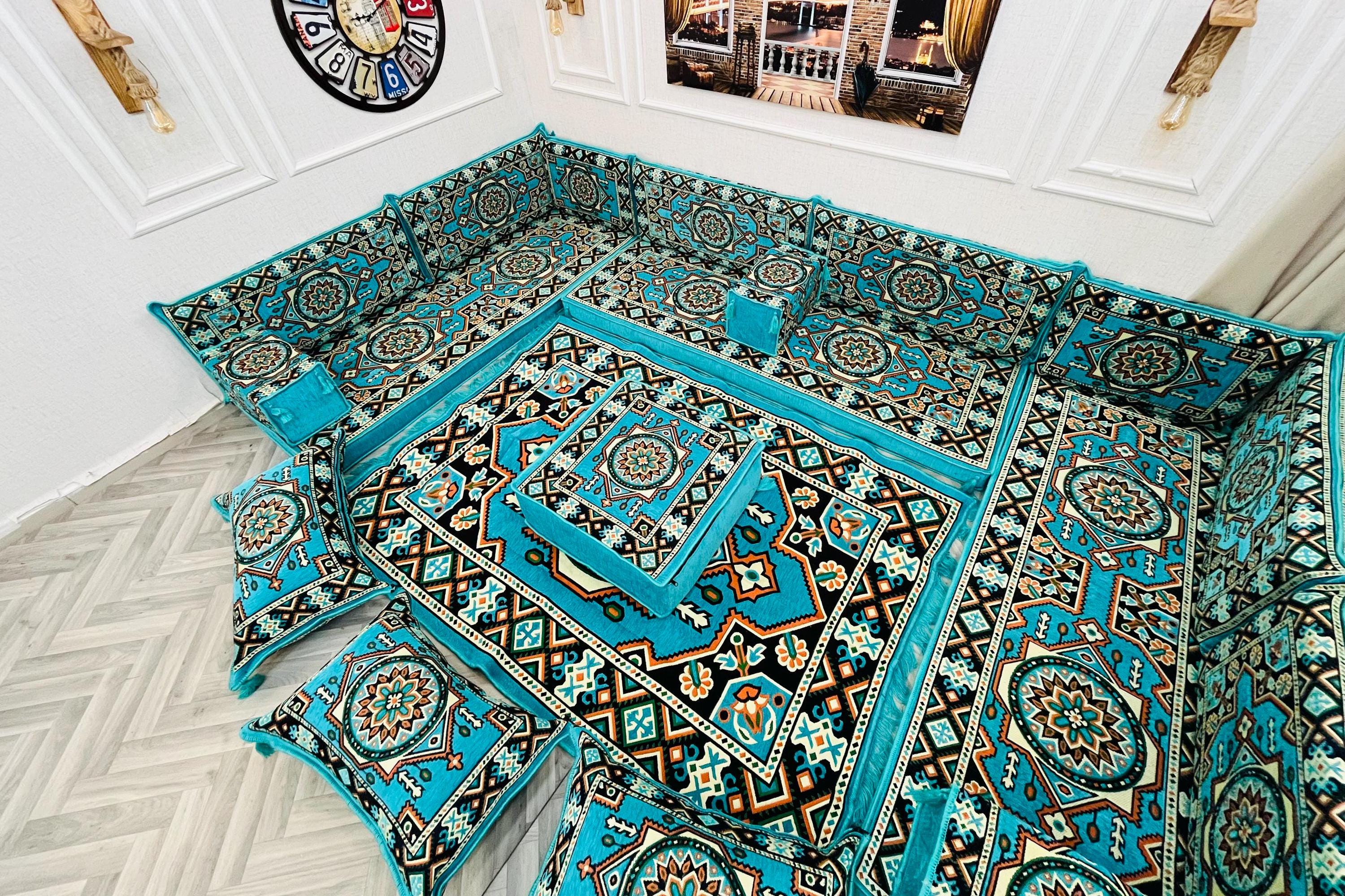 Majilis Rug Arabic Majlis Floor Seating Set: U Shaped Ottoman Sofa, Rug & Pillows ...