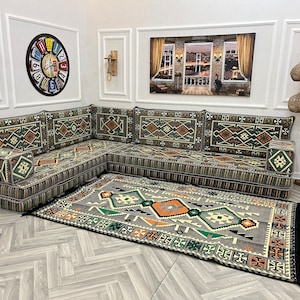 8 Gris oscuro L en forma de sofá árabe sala de estar conjunto de sofás, sofá para sentarse en el piso, Majlis árabe, sofá seccional, cojines de piso, sofá otomano y alfombra L Sofa + Rug