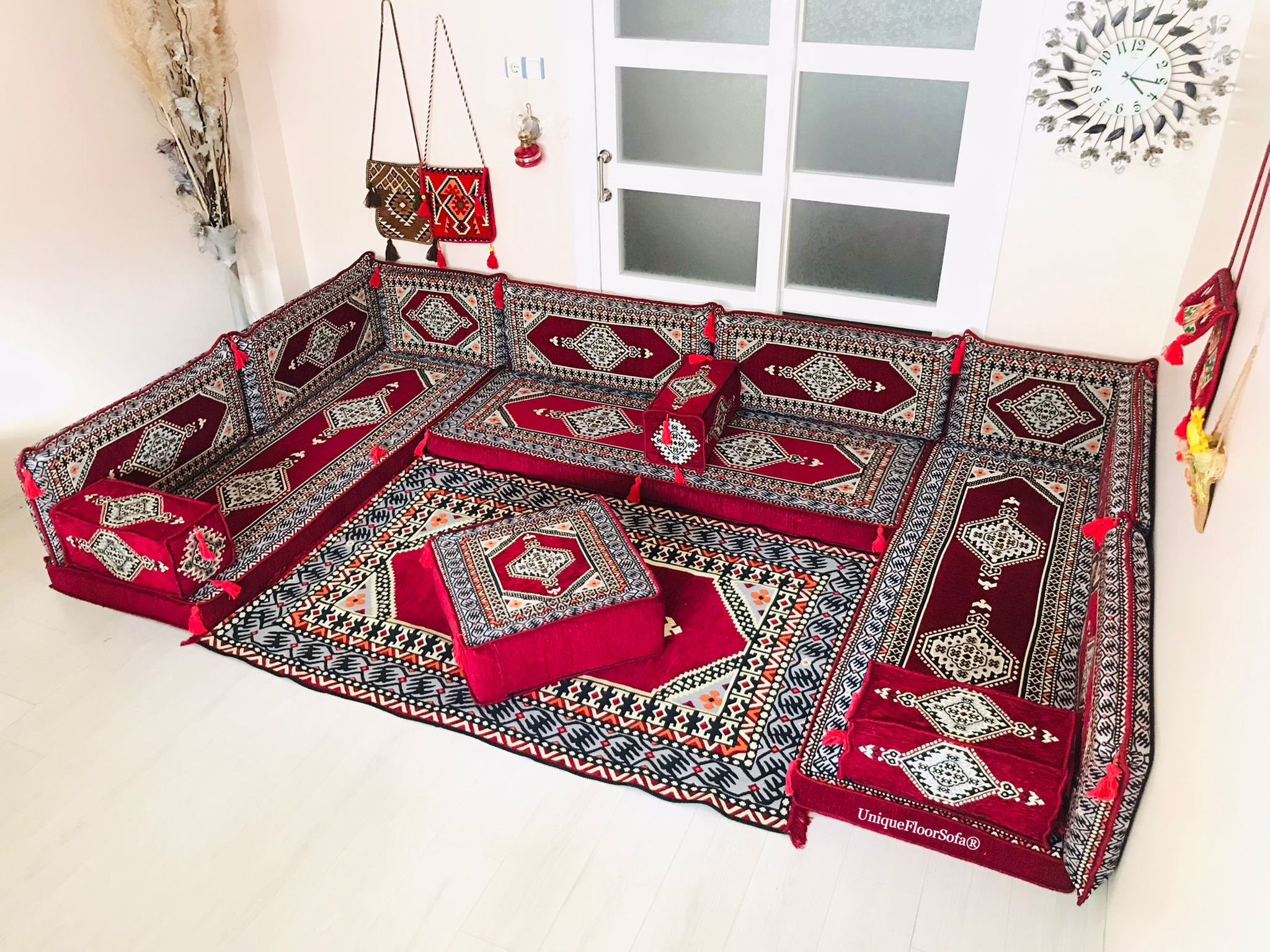 Majlis Rug Maroon Arabic Majlis Sofa Set: U Shaped Floor Seating, Ottoman & Rug - Etsy