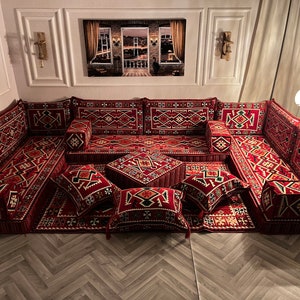 Authentic Red U Shaped Arabic Sofa Living Room Floor Seating Set, Boho Floor Couch, Arabic Majlis, Turkish Floor Sofa Set, Ottoman Couch Rug image 1