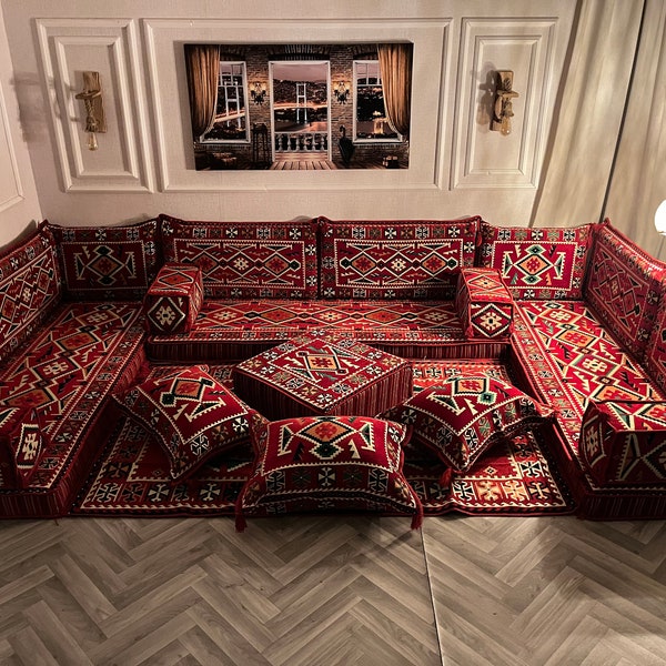 Authentic Red U Shaped Arabic Sofa Living Room Floor Seating Set, Boho Floor Couch, Arabic Majlis, Turkish Floor Sofa Set, Ottoman Couch Rug