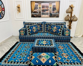 8 inch Arabic Sofa Navy Cushions, Living Room Sofa Floor Seating Set, Floor Sofas and Couches & Ottoman, Sectional Sofa ,Floor Cushion Couch