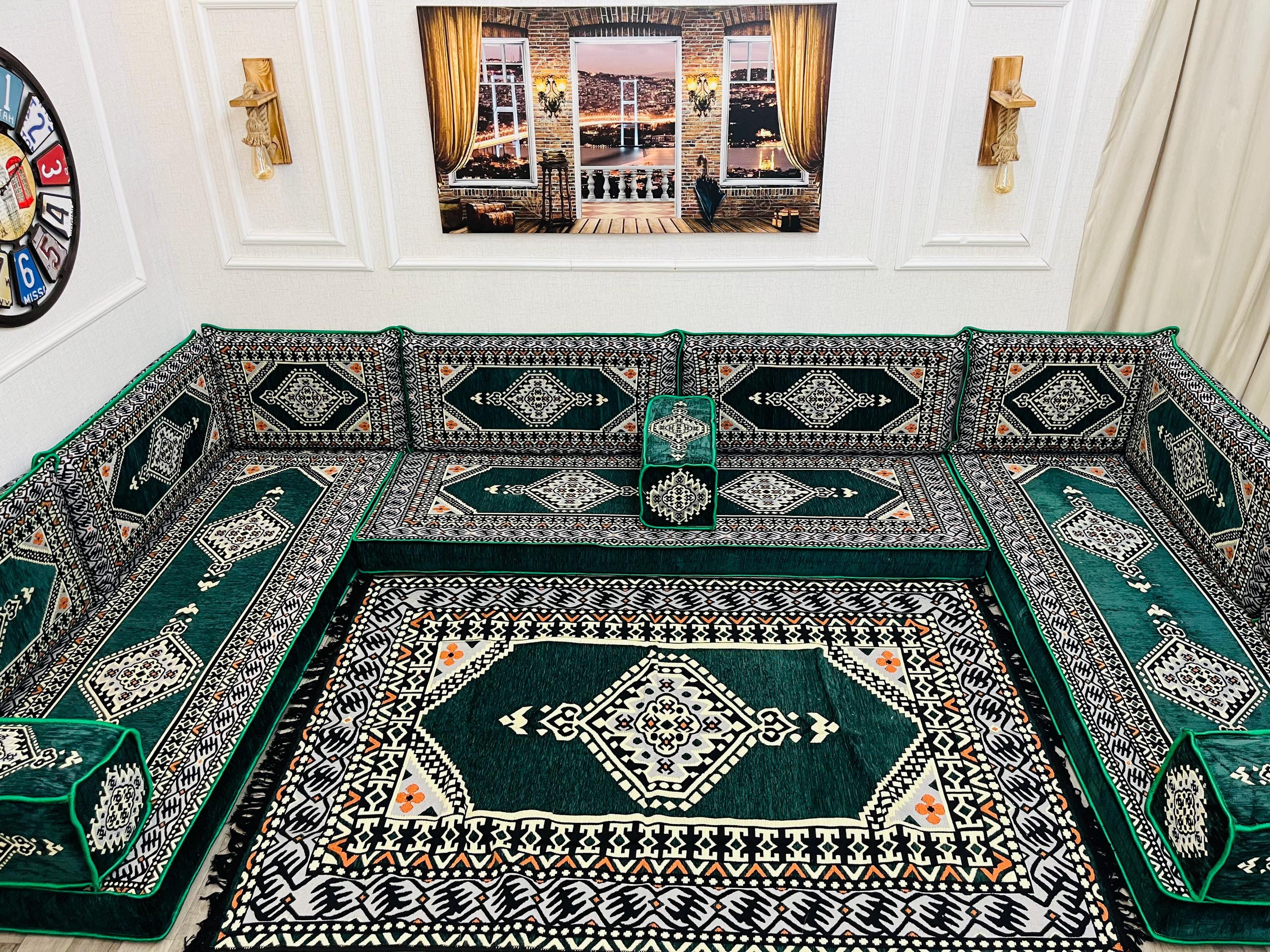 Majilis Rug Handmade Green Arabic Majlis Floor Seating Set: Ottoman Sofa Cushions ...