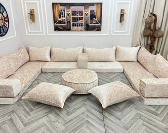 U Shaped Living Room Sectional Sofa Set, Moroccan Living Room, Floor Sofa Couch,  Sofa Set, Custom Made , Embroidery Detailed Floor Cushion