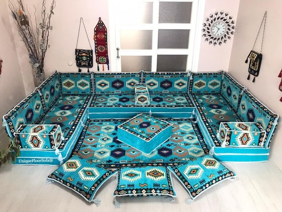 Canapés de salon faits à la main, tissu durable, décoration d'intérieur  marocaine, canapé de sol arabe, canapé de sol turc, canapés marocains,  majlis arabe, canapé-lit futon (L ensemble complet de 20 cm) 