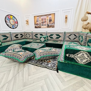 8&#39;&#39; Modular Floor Sofa Seating Set: U Shaped Couch, Ottoman & Rug , Arabic Lounge Set