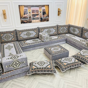 8'' Thick Anatolian U Shaped Arabic Living Room Sofa Floor Seating Set ,Boho Floor Couches ,Sectional Sofa, Arabic Majlis Sofa,Floor Cushion U Set+Ottoman+Pillow