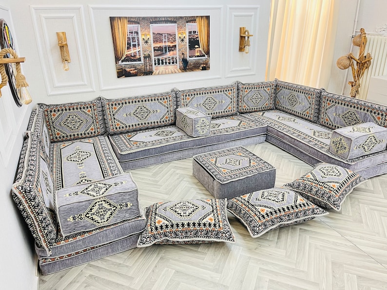 8'' Thick Anatolian U Shaped Arabic Living Room Sofa Floor Seating Set ,Boho Floor Couches ,Sectional Sofa, Arabic Majlis Sofa,Floor Cushion U Set+Ottoman+Pillow