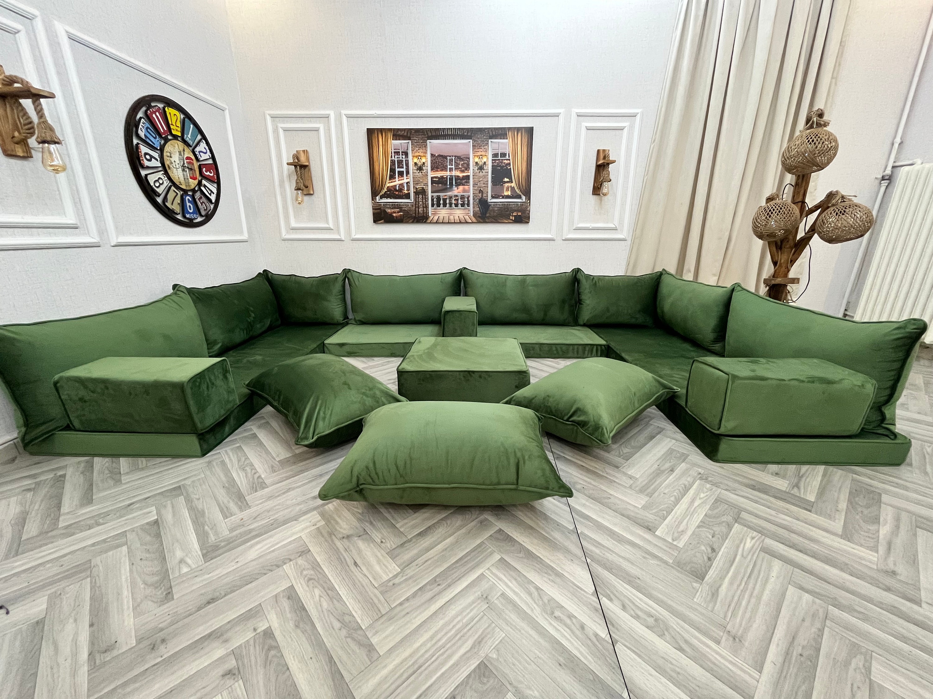 U Shaped Living Room Green Velvet Floor Seating Sectional Sofa Couch Velvet Floor Sofa Couch Living Room Sofa Set Custom Made Sofas Etsy Canada