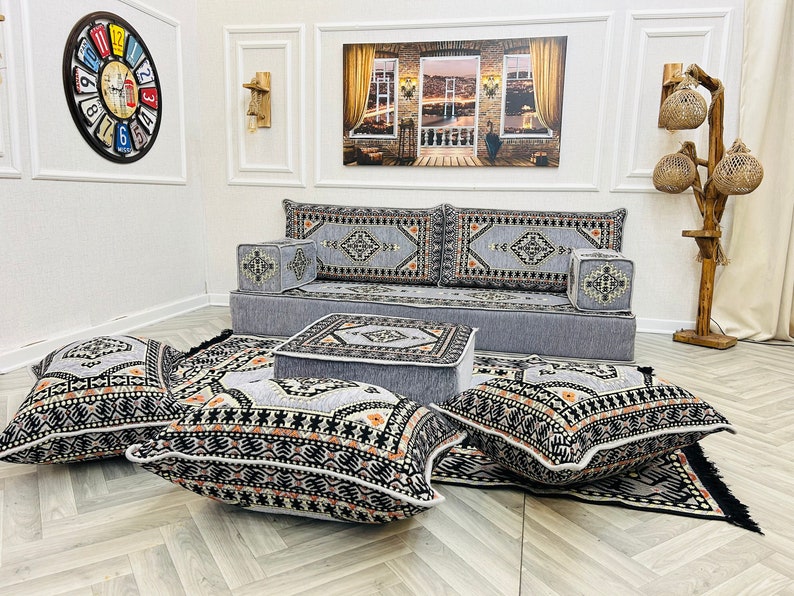 8 inch Thick Arabic Sofa Floor Seating Set, Floor Sofa, Modular Sofa, Traditional Sofa, Floor Cushion Couch, Ottoman Couch Pillows & Rug zdjęcie 1