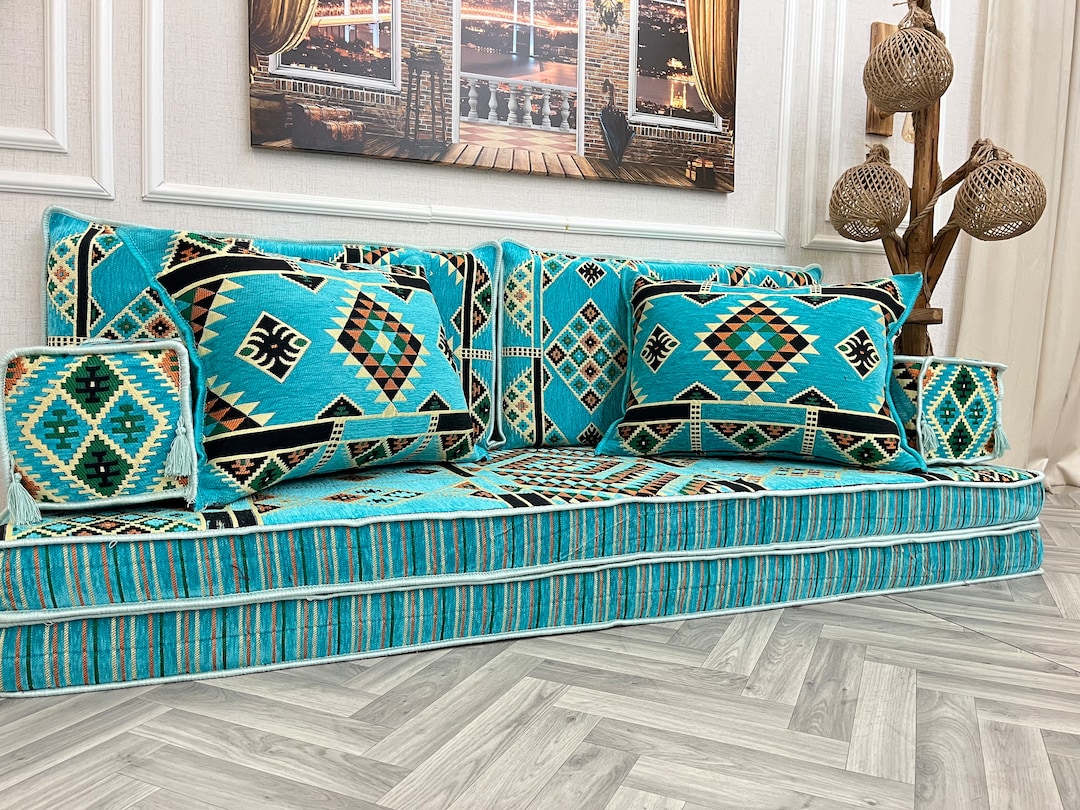 8 Inch Thick Turquoise Arabic Sofa Floor Cushion Couch, Living Room ...