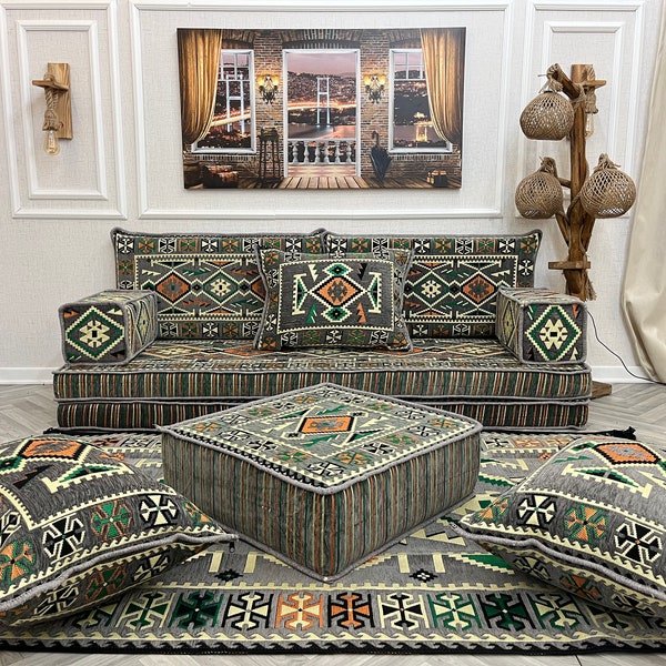 8'' THICK Mid-Century Living Room Sofa Set Lux, Arabic Sofa Majlis, Sectional Sofa, Floor Sofas and Couches & Ottoman, Floor Cushion Couch