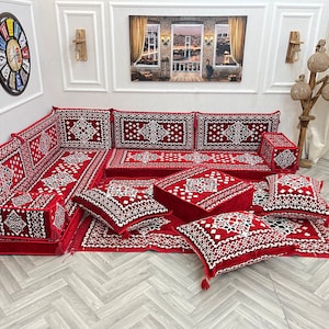 L Shaped Modular Floor Cushion, Authentic Ottoman Red Living Room Floor Sofa, L Shaped Arabic Sofa Set, Floor Cushion Couch, Arabic Majlis