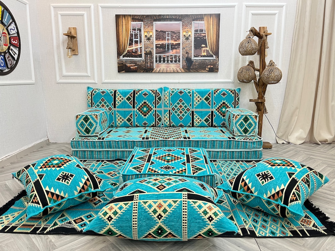 8 Inch Turquoise Arabic Sofa Living Room Sofa Floor Seating Set, Floor ...