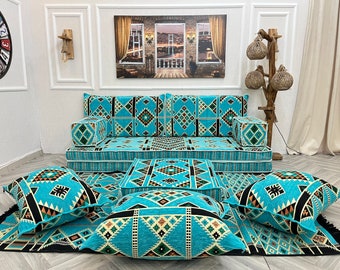 8 inch Turquoise  Arabic Sofa Living Room Sofa Floor Seating Set, Floor Sofas and Couches & Ottoman, Sectional Sofa ,Floor Cushion Couch