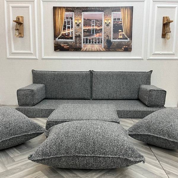 Cozy Gray Boucle Floor Sofa Seating Set , Arabic Sofa , Boucle Floor Cushion, Minimalist Home Design, removable and washable zippered covers