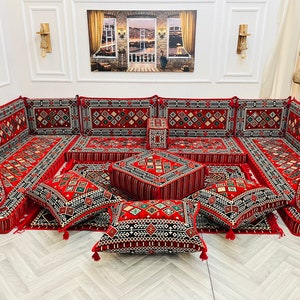 Vibrant Red U Shaped Living Room Versatile Arabic Sofa Floor Seating Set, Turkish Floor Sofa Set, Boho Floor Couch, Arabic Majlis,Floor Sofa