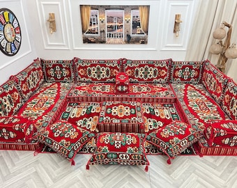 U Shaped Arabic Red Floor Sofa Set: Majlis Living Room Decor Couch with Rug