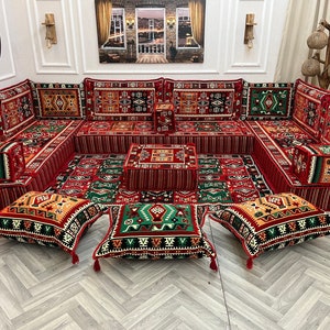 U Shaped Majlis Arabic Floor Sofa Set: Boho Floor Seating, Ottoman,Rug 8 inch Thick