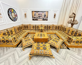 Yellow U Shaped Arabic Sofa Floor Cushion Seating Set, Boho Living Room Floor Couch, Arabic Majlis, Turkish Floor Sofa Set, Ottoman Couch