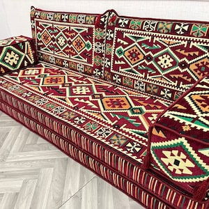 Maroon Arabic Floor Sofa Set: Boho Reading Nook Cushion, 8 inch Thick
