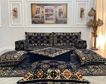 Arabisch Boden Sitzset Sofa Set: Boho Wohnzimmer Kissen & Kelim Teppich