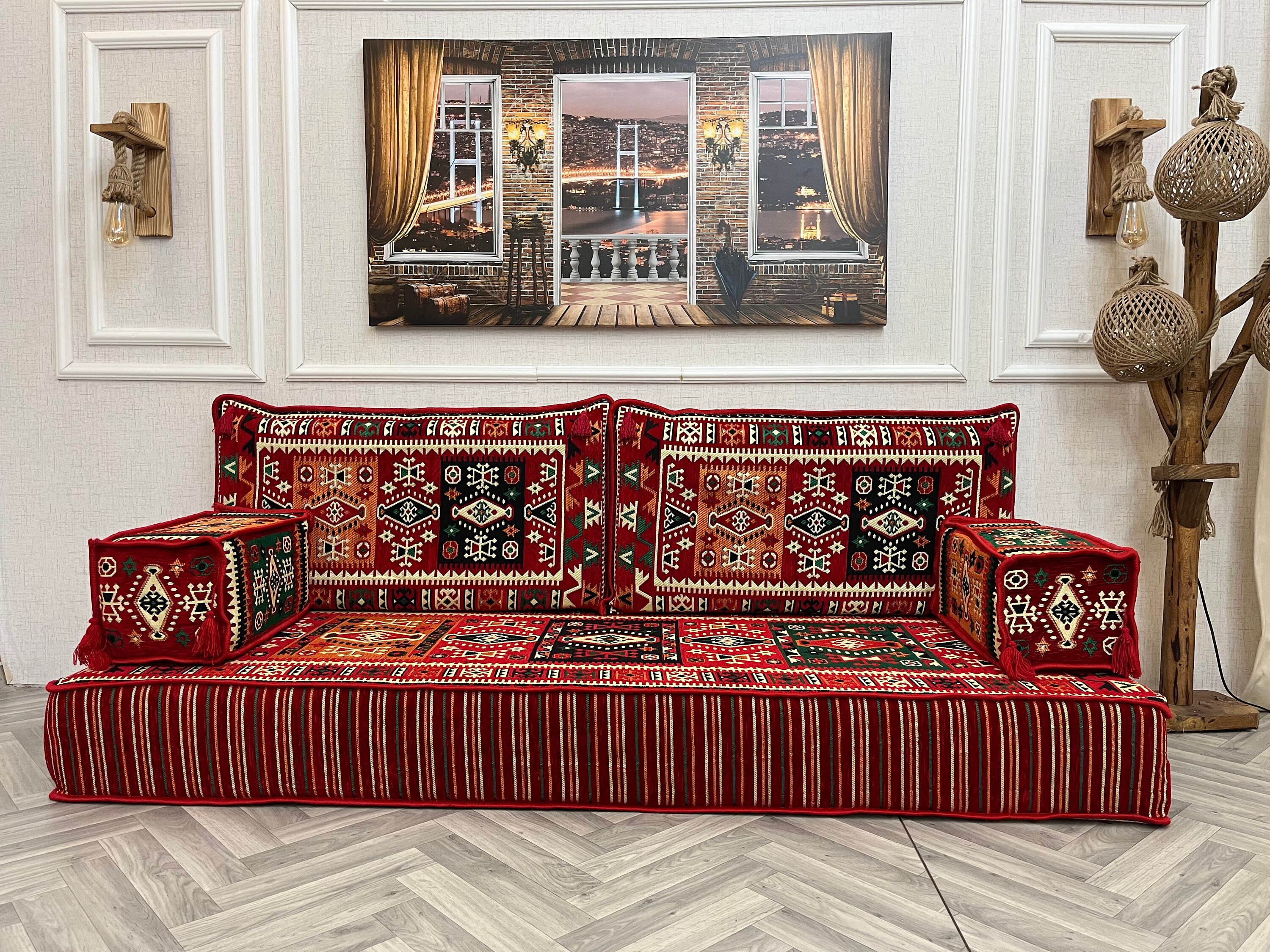 アラビア風フロアソファ：厚さ8インチのモロッコ風ソファ（枕2個付き