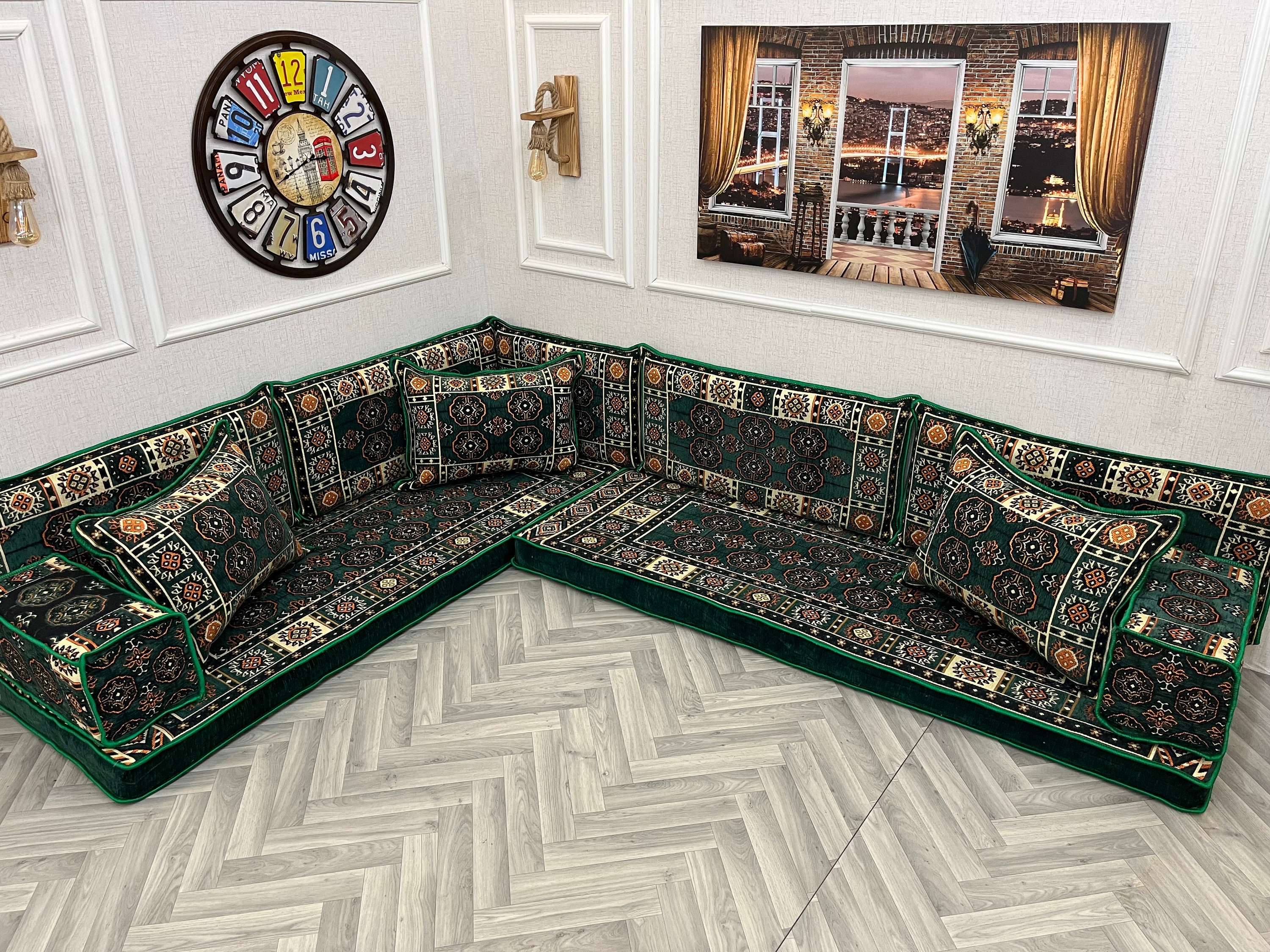 Majilis Rug Green Arabic Majlis Sofa Set: L-shape Floor Seating, Ottoman Couch ...