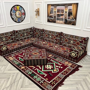 L Shaped Maroon Arabic Sofa Floor Cushion Seating Set, Living Room Sofa, Ottoman Couch, Floor Cushion Couch, Arabic Majlis, Sectional Sofas L Sofa+Ottoman&Rug