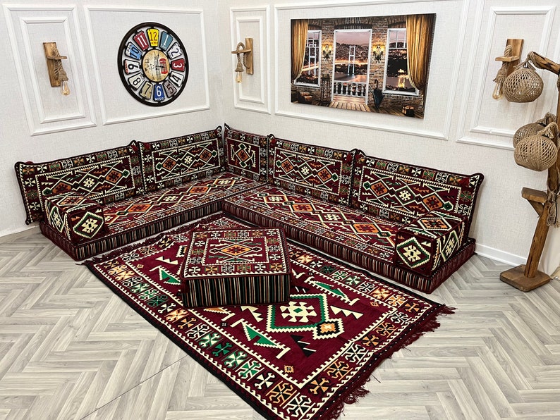 L Shaped Maroon Arabic Sofa Floor Cushion Seating Set, Living Room Sofa, Ottoman Couch, Floor Cushion Couch, Arabic Majlis, Sectional Sofas L Sofa+Ottoman&Rug