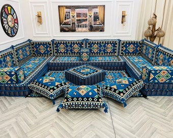 Ensemble de sièges de sol pour canapé de salon bleu marine en forme de U de 8 po. d'épaisseur, canapés de sol bohèmes, canapé sectionnel, canapé majlis arabe, coussin de sol