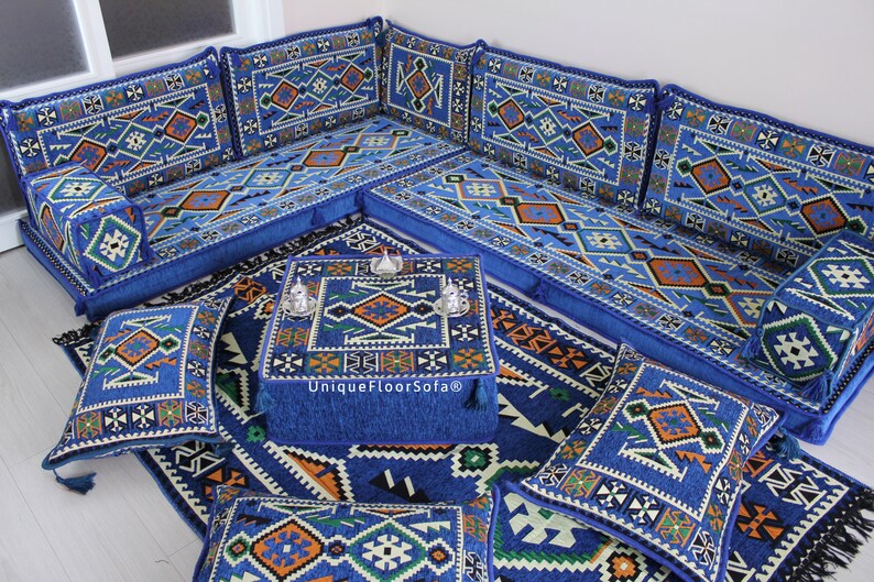 Blue L Shaped Arabic Sofa Set Corner Floor Couch Ottomans Etsy