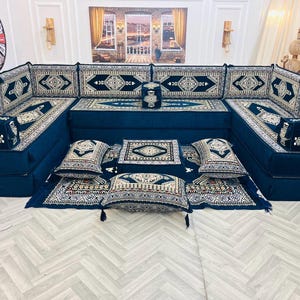 Ensemble de canapé de sol en forme de U majlis arabe de luxe, haute épaisseur, 16 pouces, canapé de sol traditionnel avec coussins et tapis, sièges du Moyen-Orient