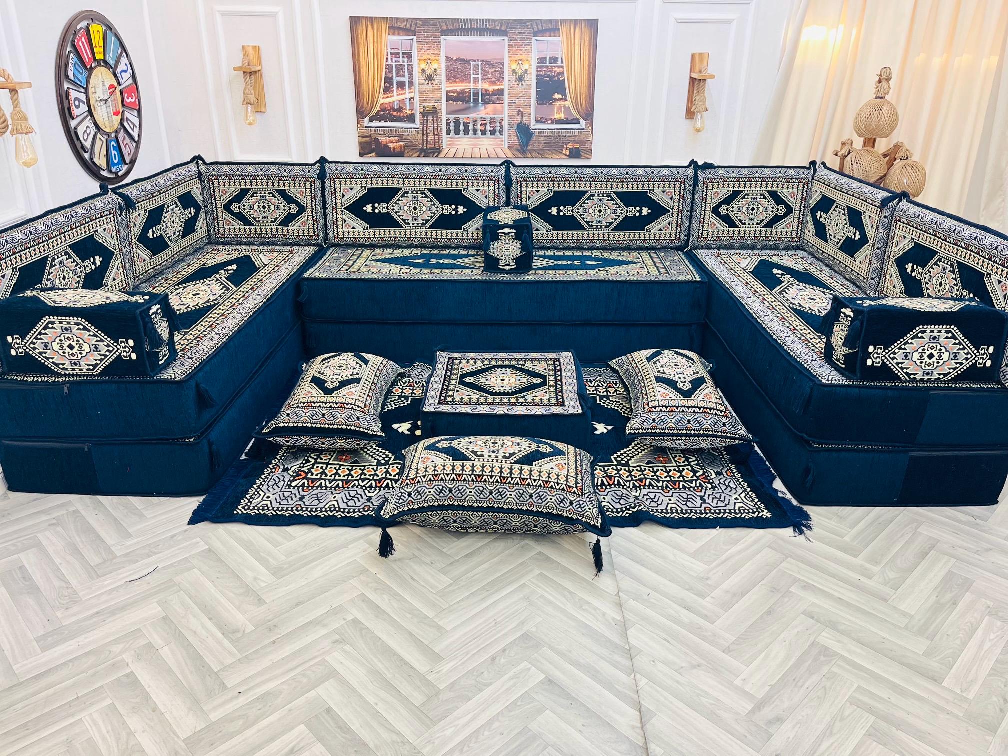16-Zoll-Hochleistungs-Luxus-Bodensofa Set in arabischer Majlis-U-Form, traditionelle Bodencouch mit Kissen und Teppichen, Sitzmöbel aus dem Nahen Osten